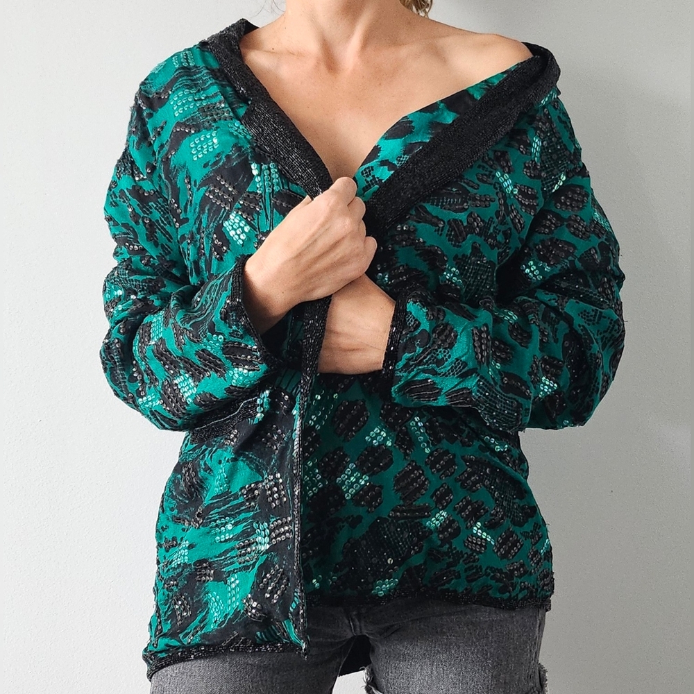 JUDITH ANN CREATIONS INC Beaded Sequin 100% Silk Evening/Opera Jacket Green Sz L